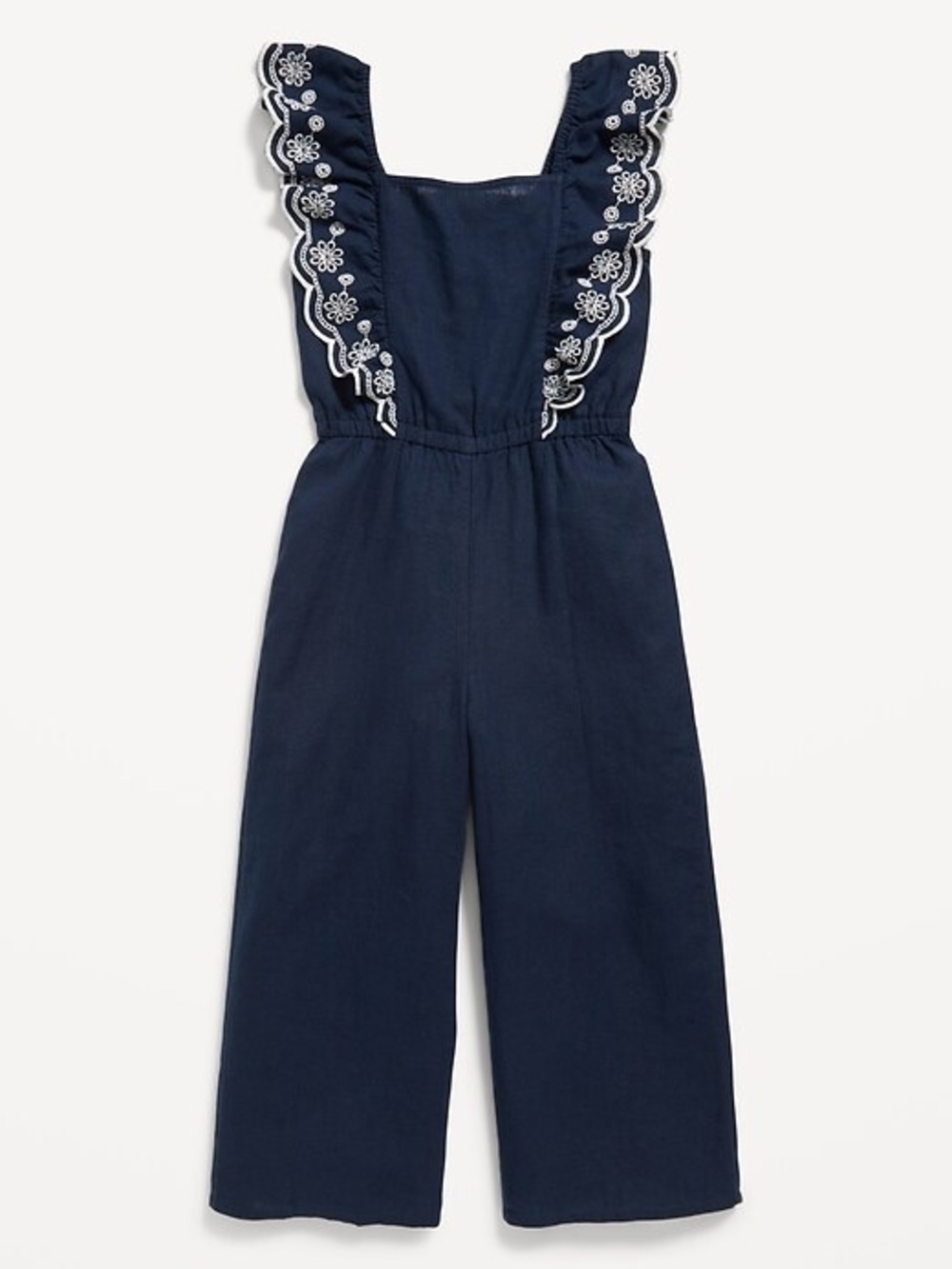 Old Navy Girls Navy Embroidered Cotton and Linen Ruffle Jumpsuit